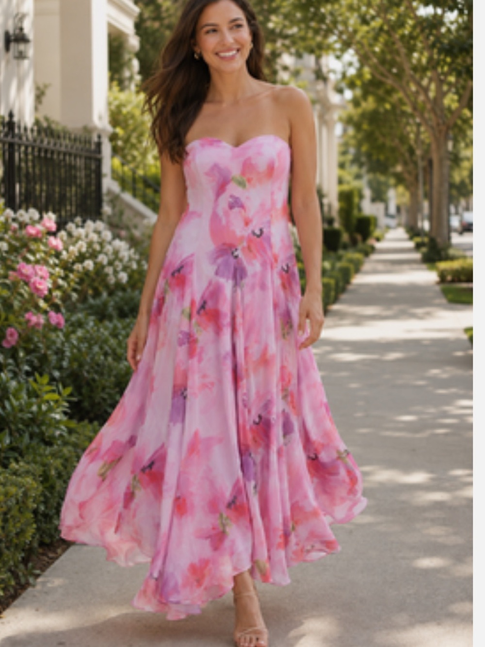 Lulu's Pink Floral Strapless A-Line Midi/Maxi Dress